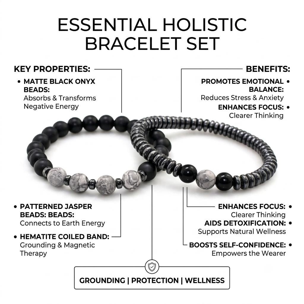 2 PACK Magnetic Hematite Bead Bracelet Set for Men Women Energy Therapy Jewelry