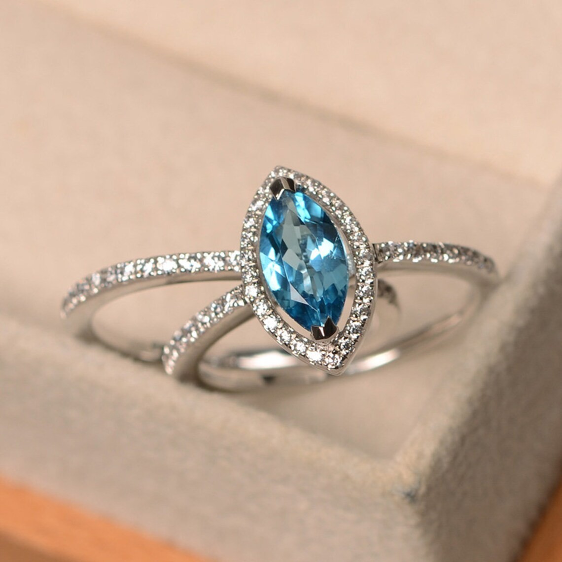 2CT Blue Topaz Marquise Gemstone 925 Silver Plated Halo Stack Ring Birthday Gift