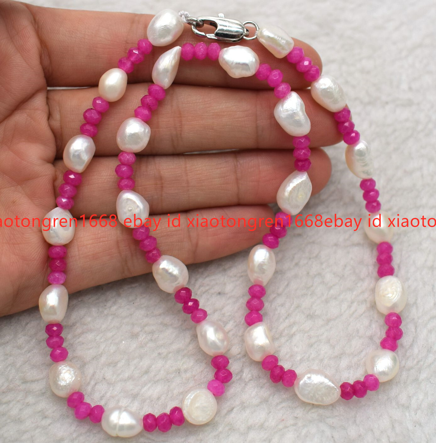 Pretty Natural 7-8mm White Baroque Pearl 2x4mm Faceted Rose Red Jade necklace
