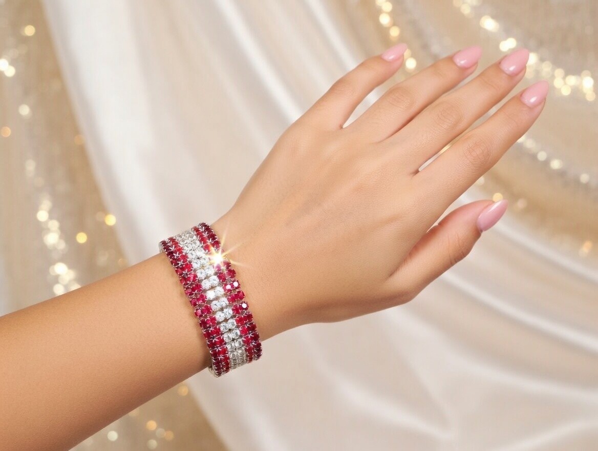 Red Silver Rhinestone Stretch Bracelet Crystal Pageant Prom Drag Jewelry