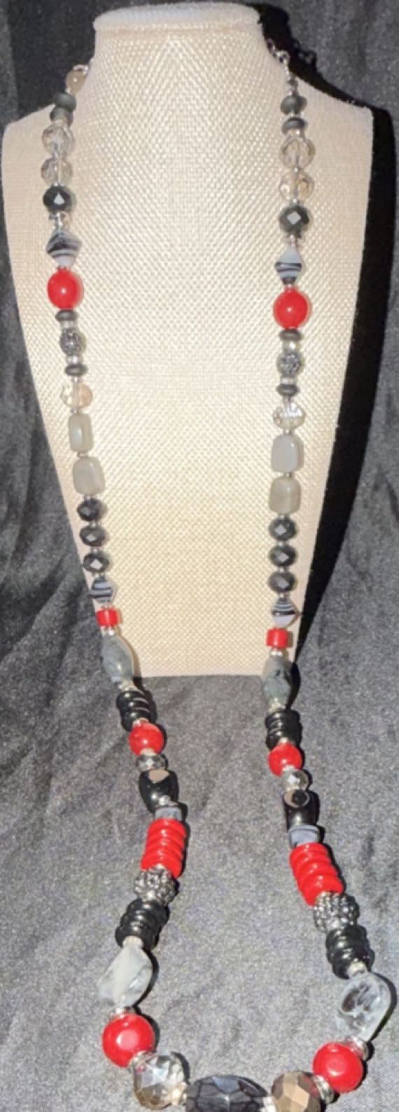 Black Red Gray Beaded Glass Plastic Necklace Fashion Jewelry