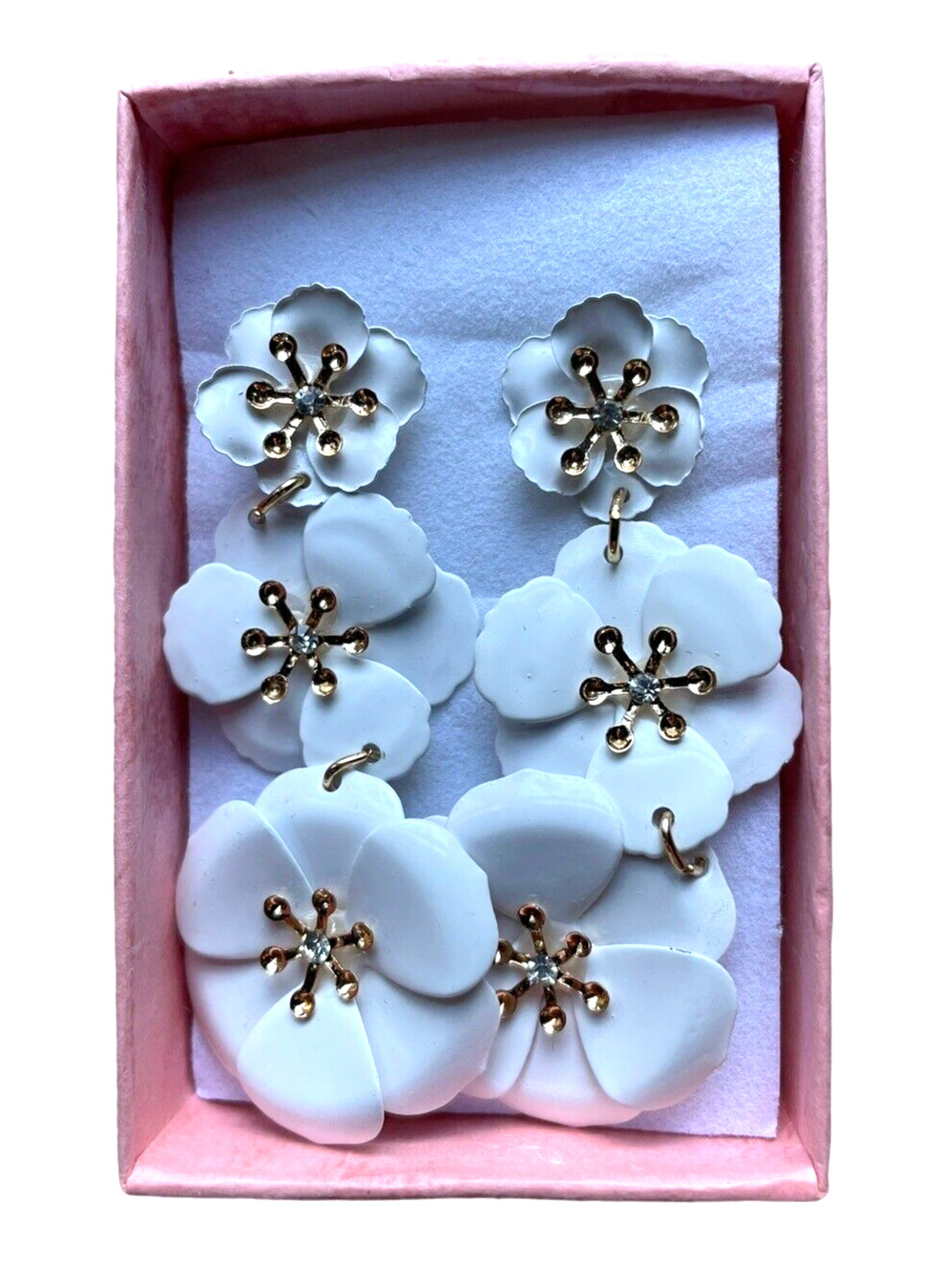 Flower Earrings (White) with Gold Accent in Pink Gift Box – 2 5/8″ Long