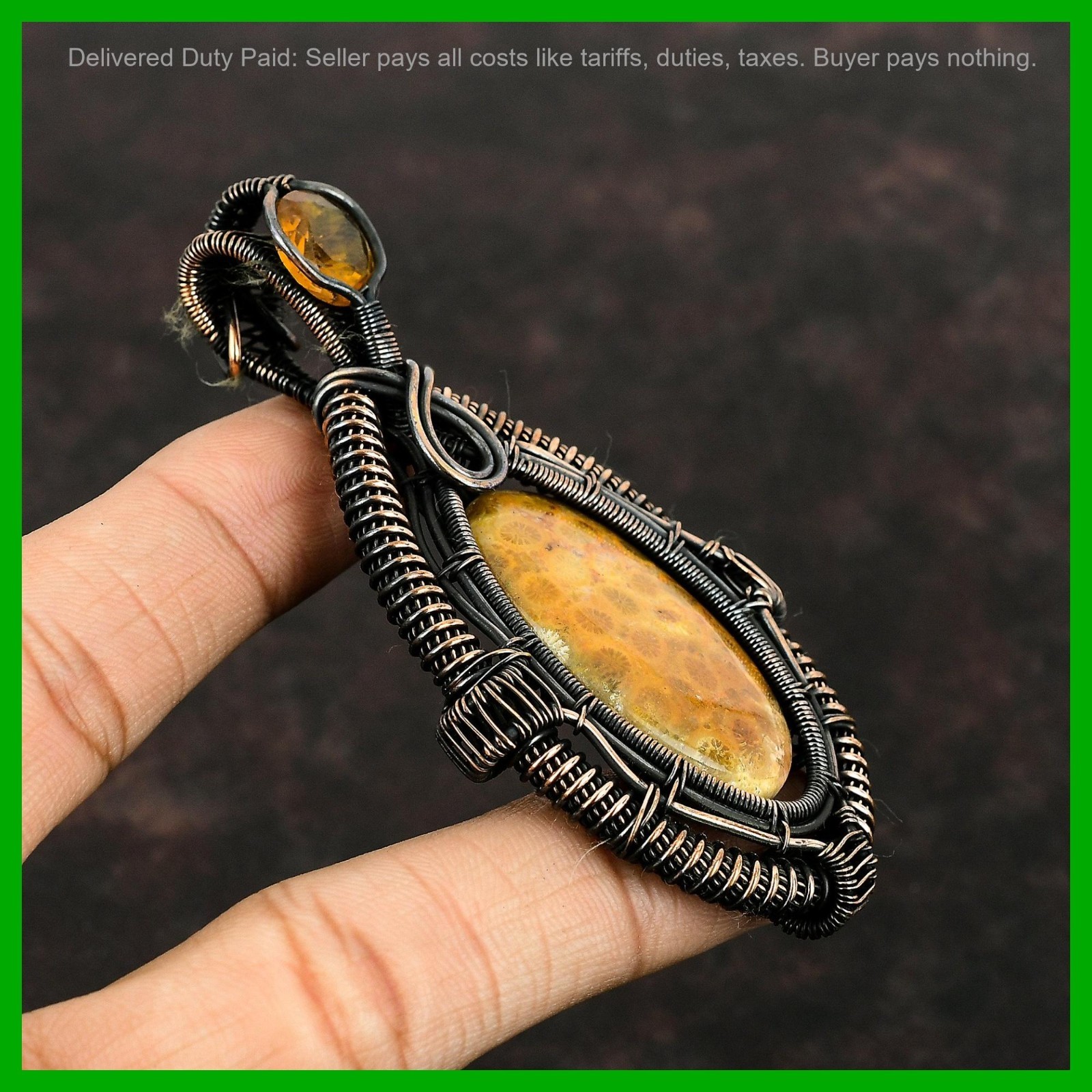Copper Oval Fossil Coral Stone Citrine Daughter New Wire Wrapped Pendant Jewelry