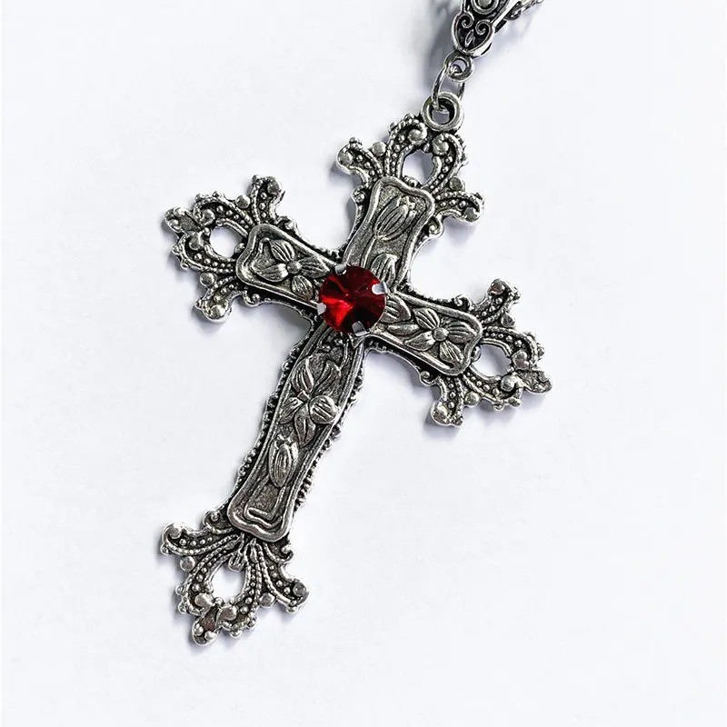 Gothic Big Zircon Cross Necklace Unisex Y2K Irregular Goth Large Cross Pendant