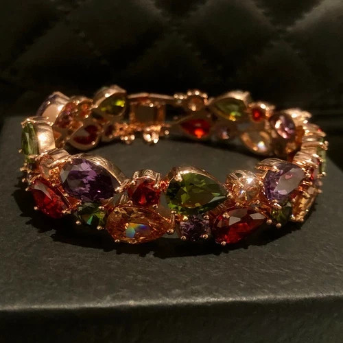 18k Rose Gold Filled Multicolor Tennis Bracelet Made Simulated Diamond 7.5”
