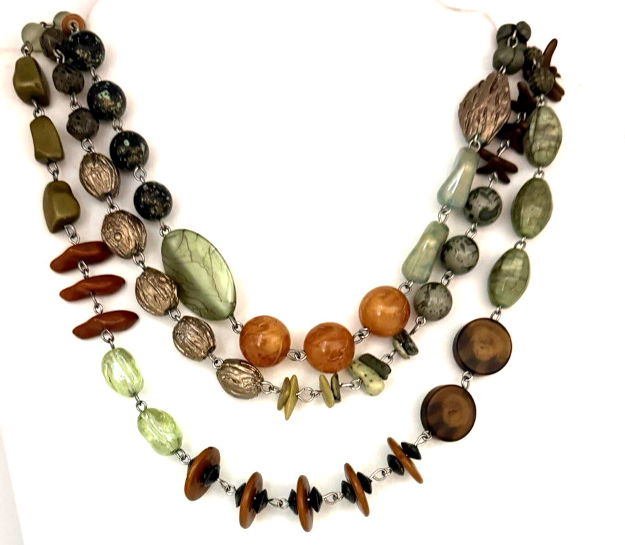 TRESKA 20″ Boho Mixed Media/Art Glass Silver Tone Multistrand Necklace