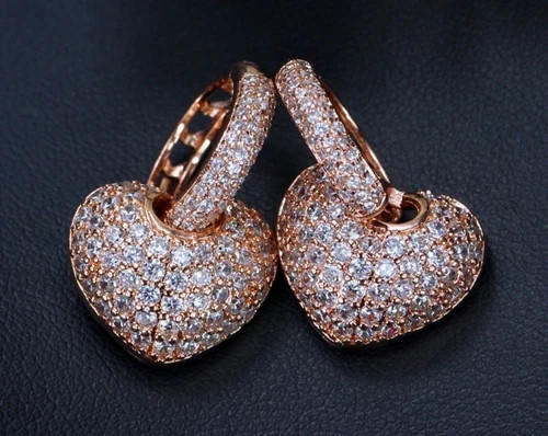 18k Rose Gold Plated 3D Heart Pendant Necklace Earrings made Simulated Diamond