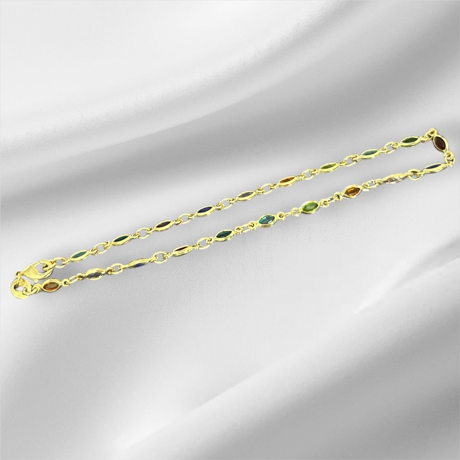 18K Gold Filled Anklet Bracelet 9.5 inch Multi Color Oval Crystal Stones