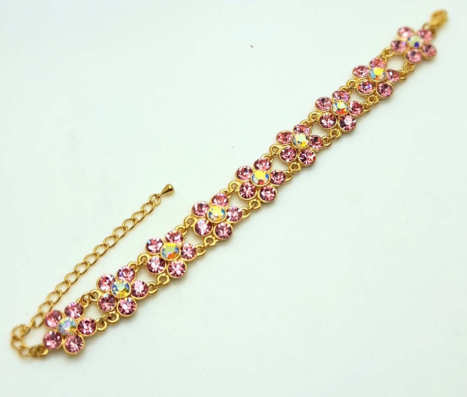 Handmade Pink and ab color Flower gold tone shape metal fashion Bracelets