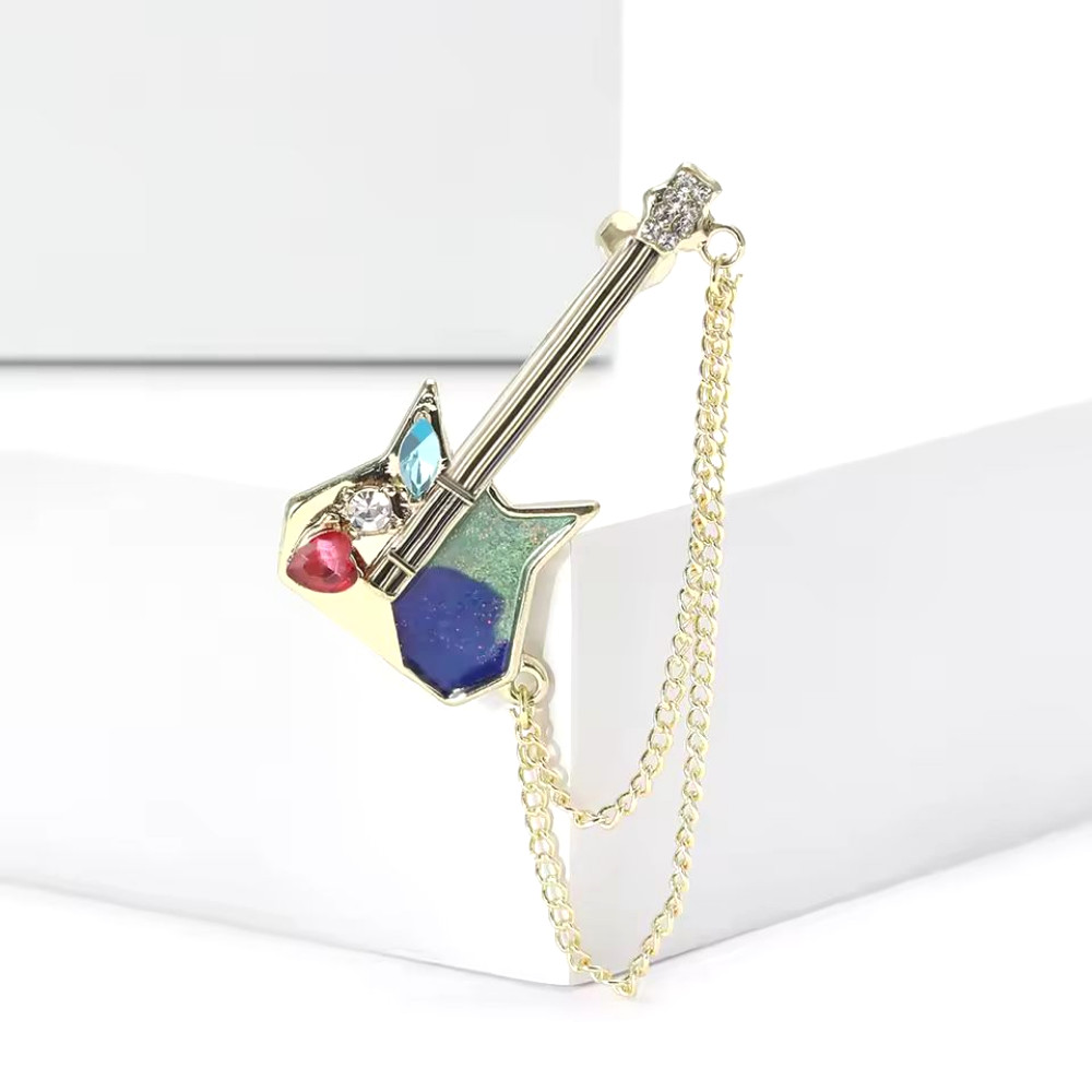 Electric Guitar Brooch Gold Crystal Music Pin Musician Instrument Jewelry Gift