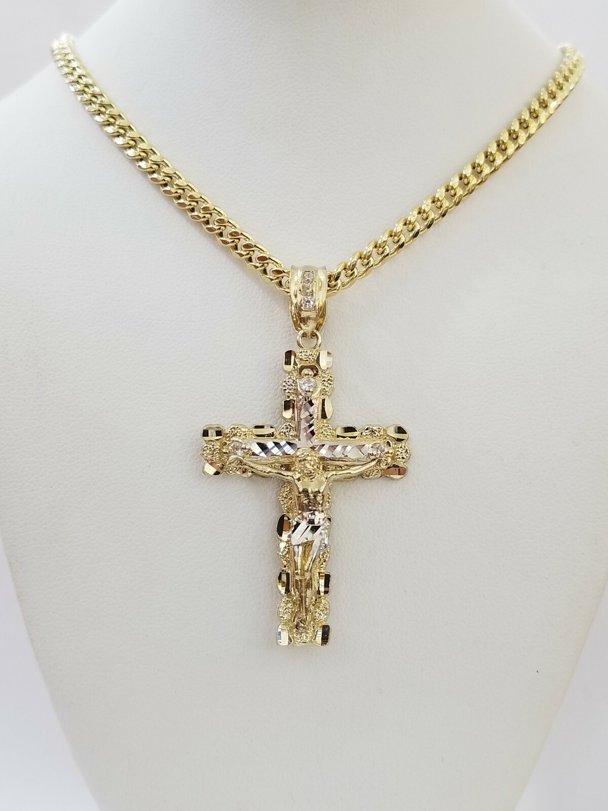 10k Gold Chain Miami Cuban Link Cross Pendant & REAL 10kt 5mm Necklace Charm SET