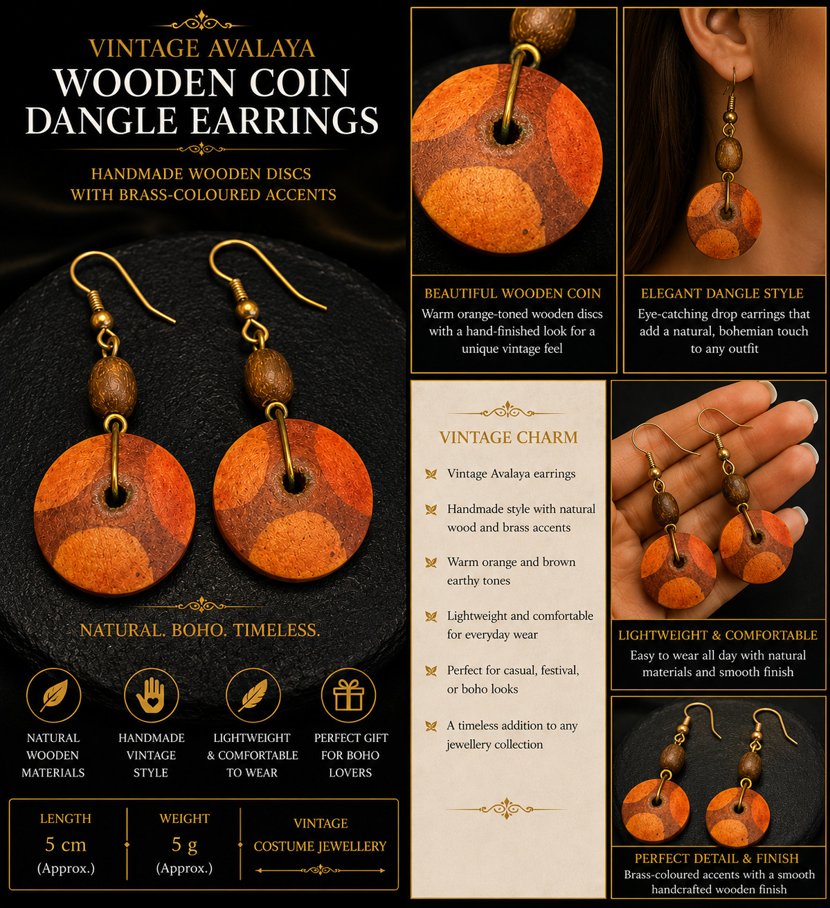 Vintage Avalaya Wooden Coin Dangle Earrings Orange Brown Boho Statement 5cm Hand