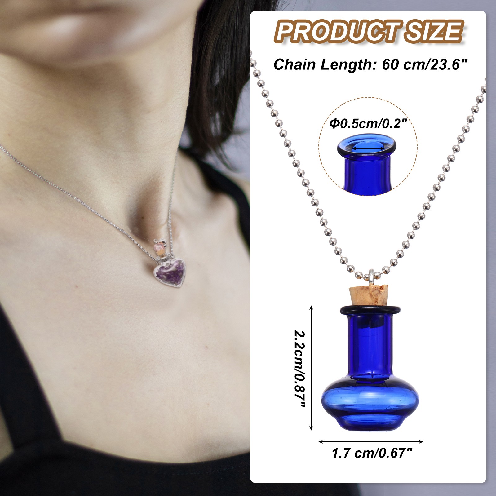 22mm Vial Necklace with Cork Stoppers Black Velvet Bag, Vase Shaped, Blue