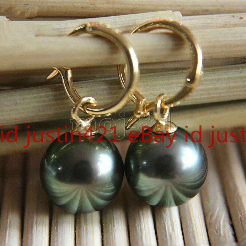 Pretty 14mm Tahitian Black South Sea Shell Pearl Earrings AAA