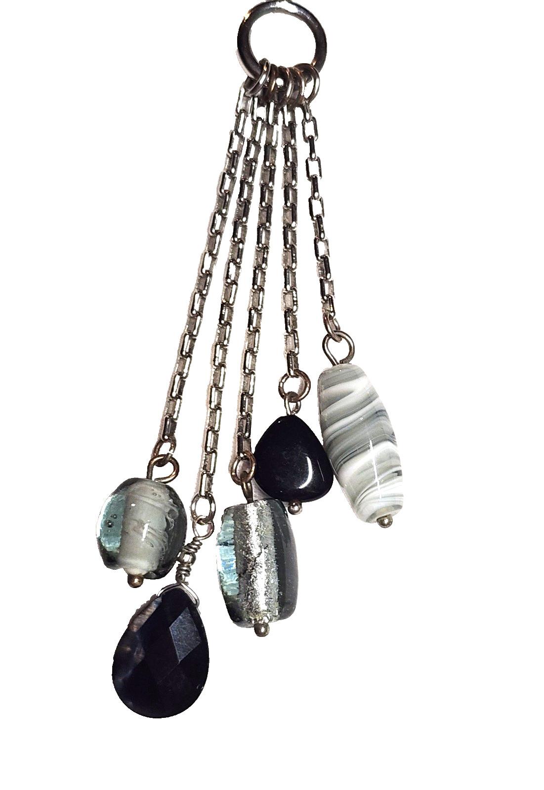 Black Gray Silver Tone Art Glass Bead Tassel Pendant Necklace 14″ Choker GUC