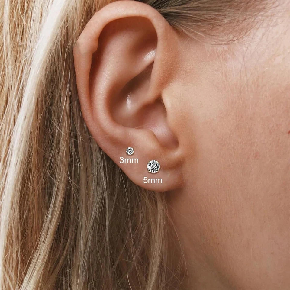 3 Pairs Flat Back Stud Earrings Set 14K Gold Hypoallergenic CZ 3/4/5Mm