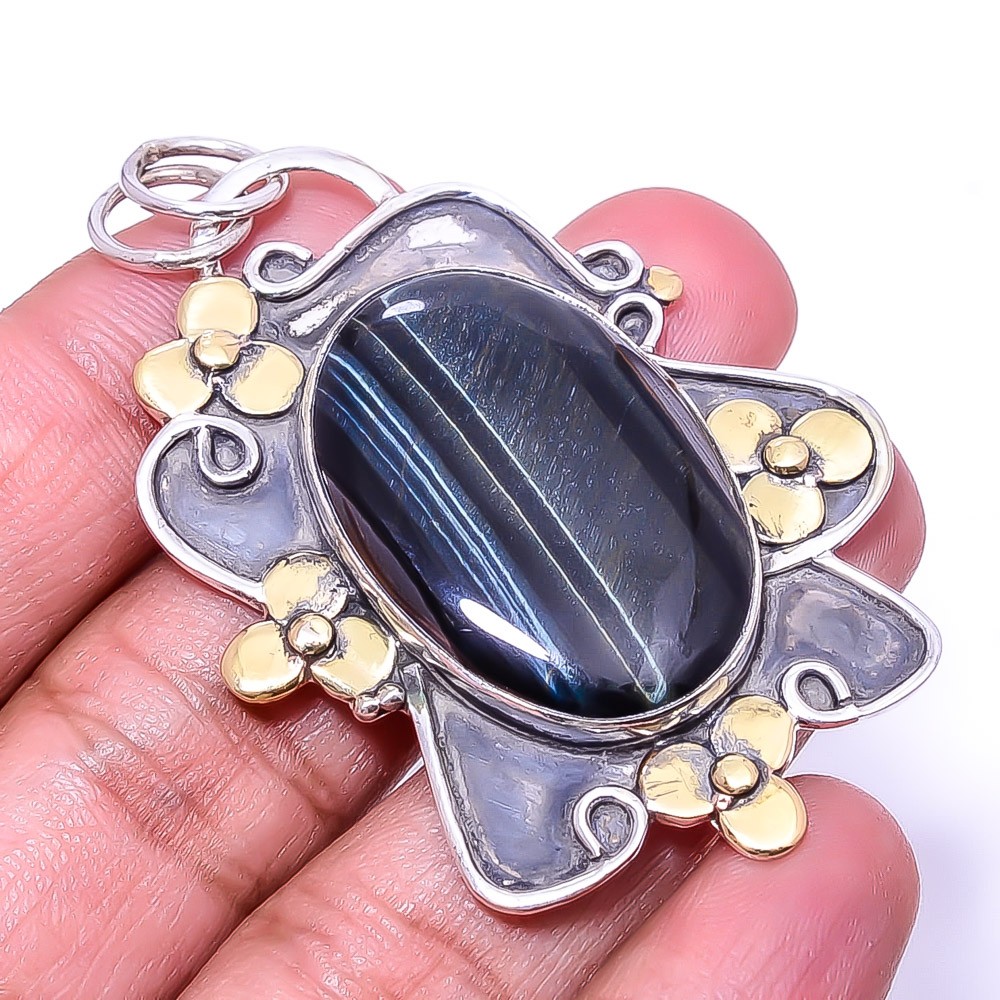 Black Banded Agate Oxidised Two Tone 925 Silver Handmade Pendant 2.34″ P65