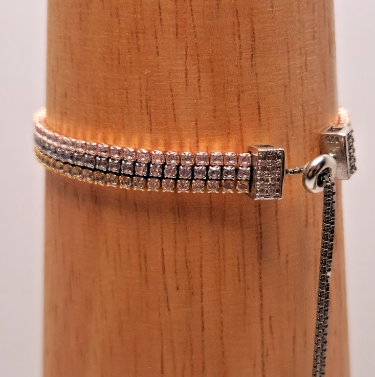 Tri-Tone 925 Sterling Silver CZ Tennis Bolo Bracelet Adjustable 8.71g 5.26mm