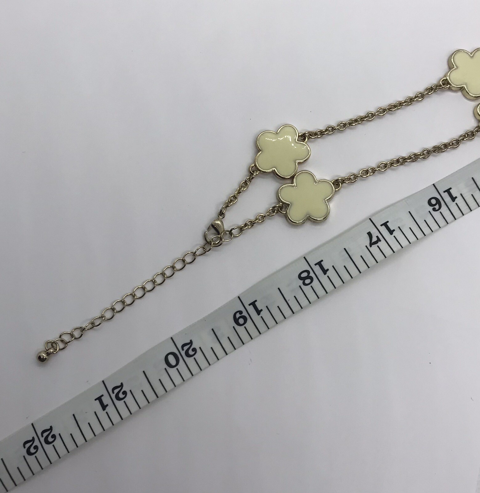 Gold tone satellite off white flowers chain necklace 38 inches long
