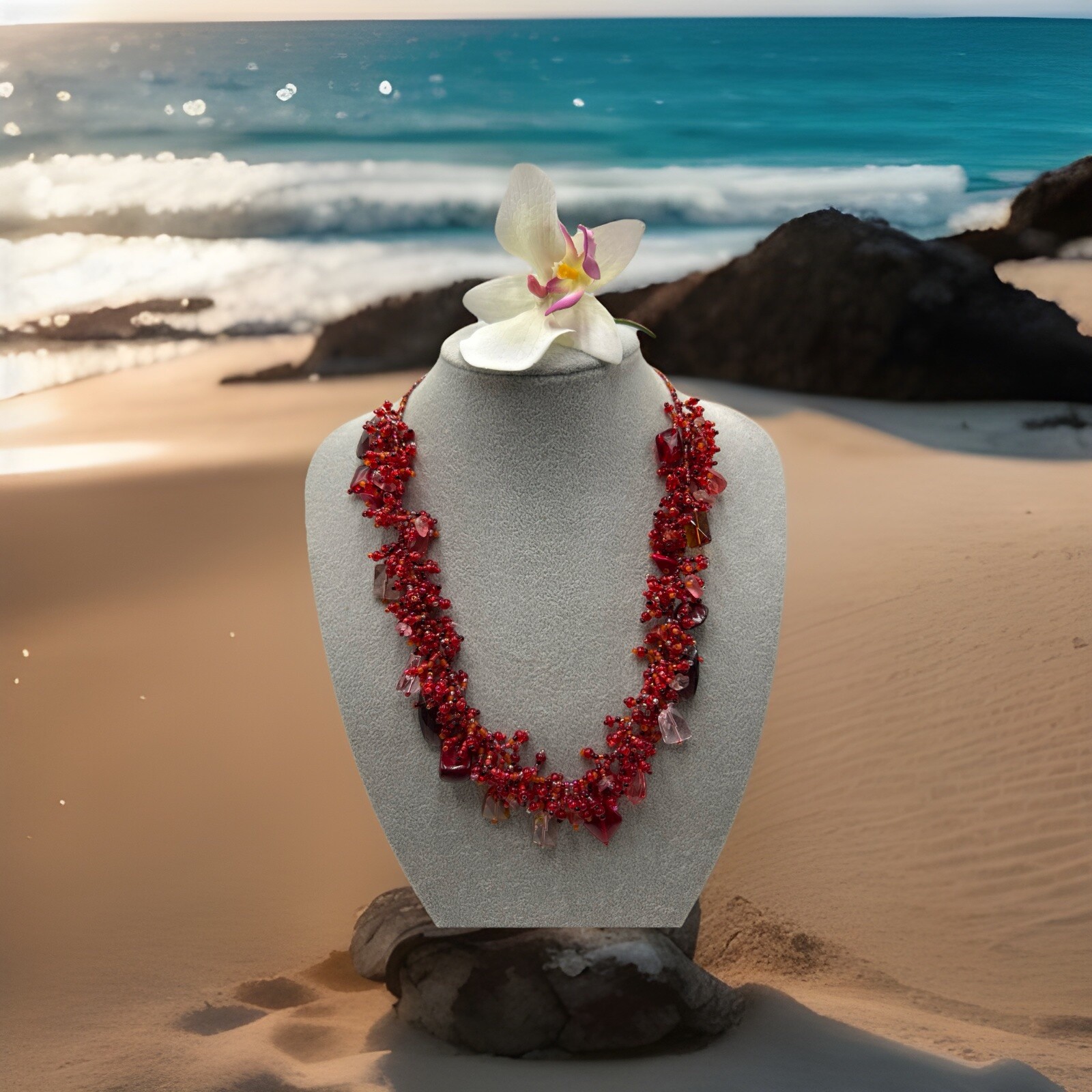 Handcrafted Red Pink Chipped Collar Statement Necklace 17 -20 Inches