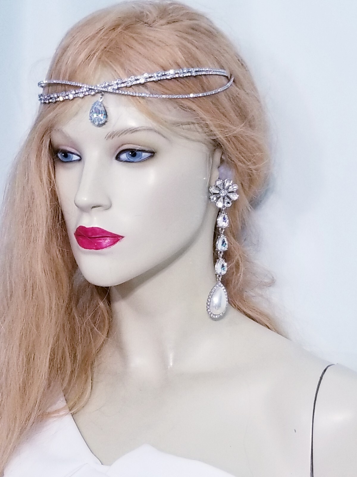 Created Pearl Dangle Chandelier Earrings 4.7 inch Clear Rhinestone Pageant Prom
