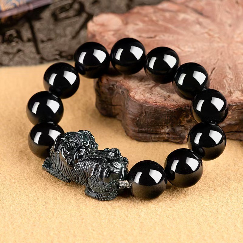 Real Grade A Black Jade Men 16mm Round Beads Dragon Pixiu Bracelet