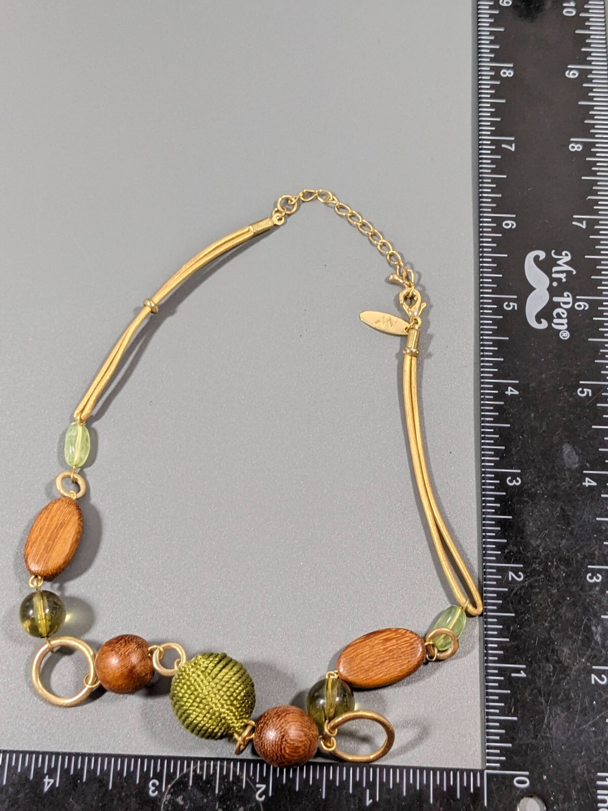 NYC Brown Wood Green Bead Gold Tone Cord Tribal Beachy Necklace 18 inch