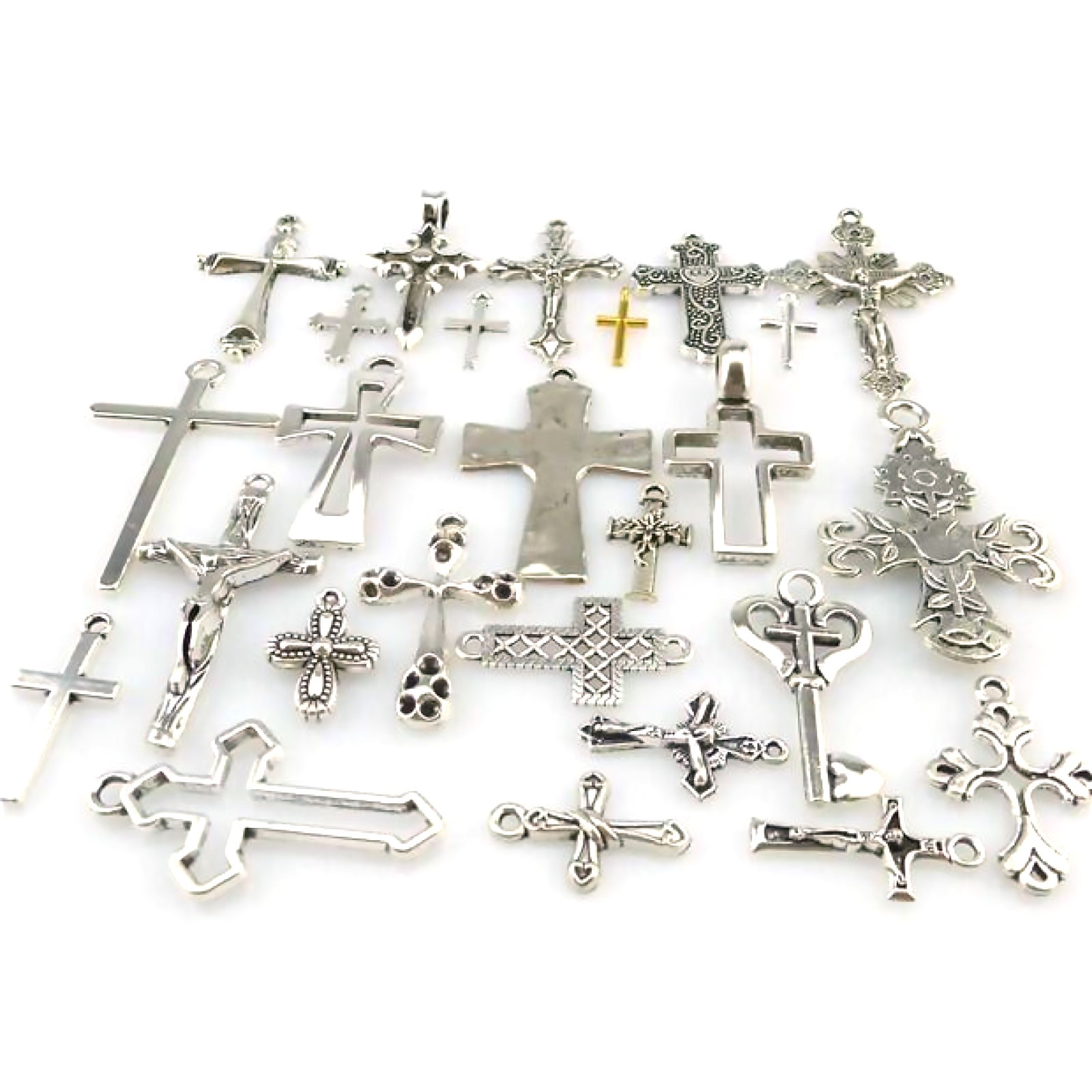 25Pack MIX Cross Pendant Vintage Antique Silver Tone Alloy Faith Religious Charm