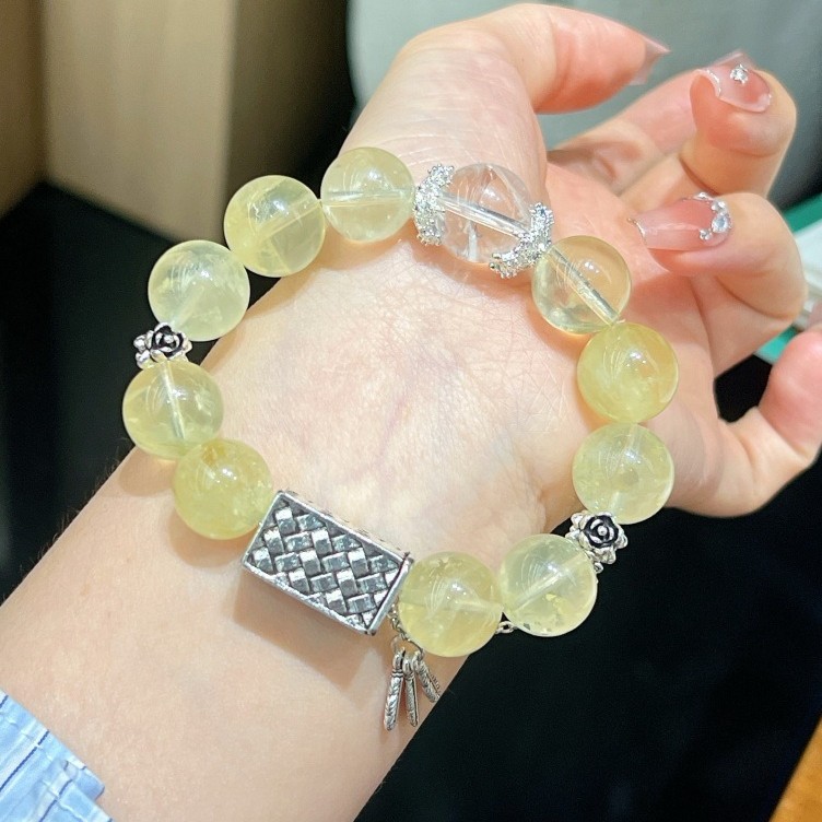 12-13mm Natural Lemon Yellow Crystal and White Crystal Handmade Bracelet