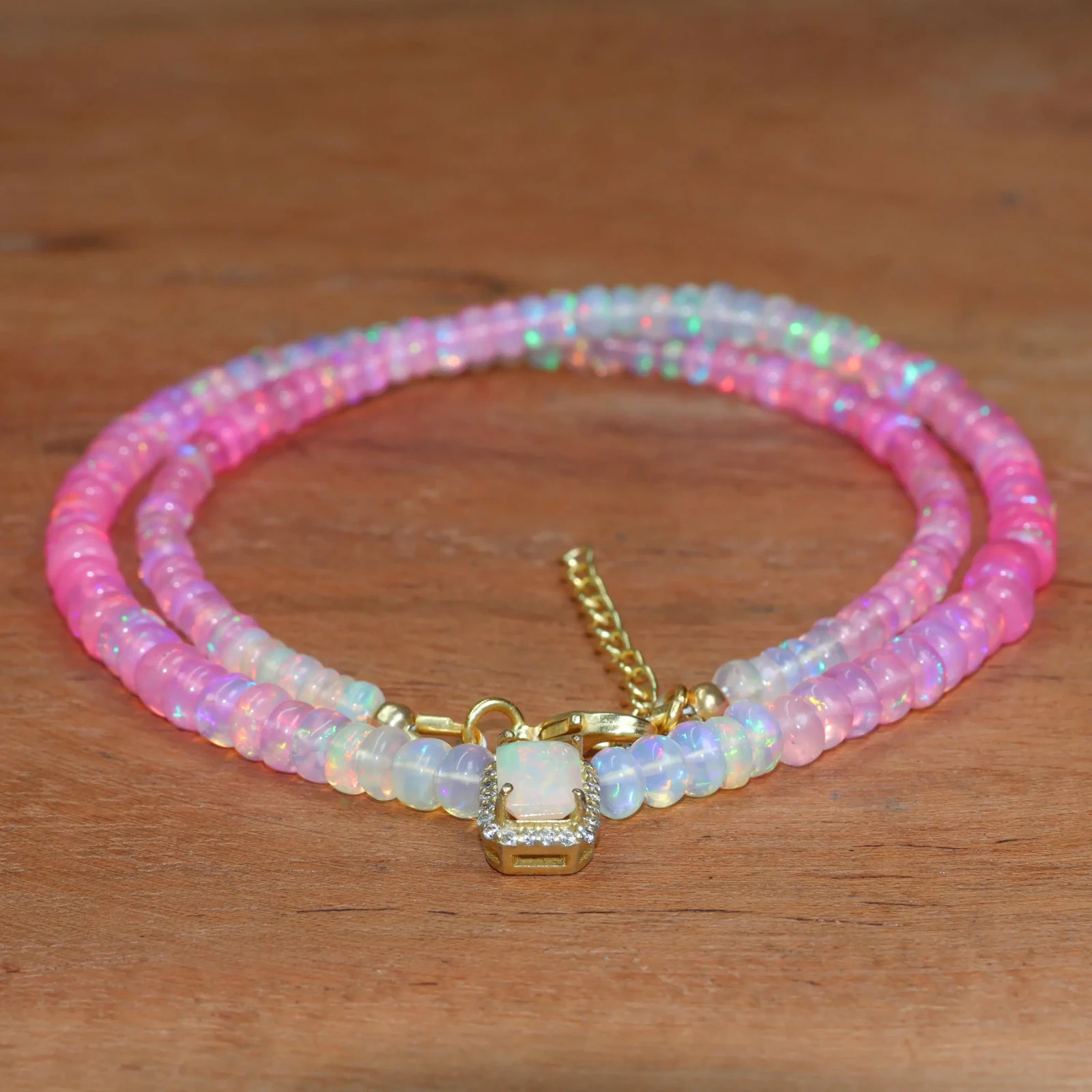 Pink Opal Shaded Smooth Beads Charm Necklace, Ethiopian Octagon Opal Necklace