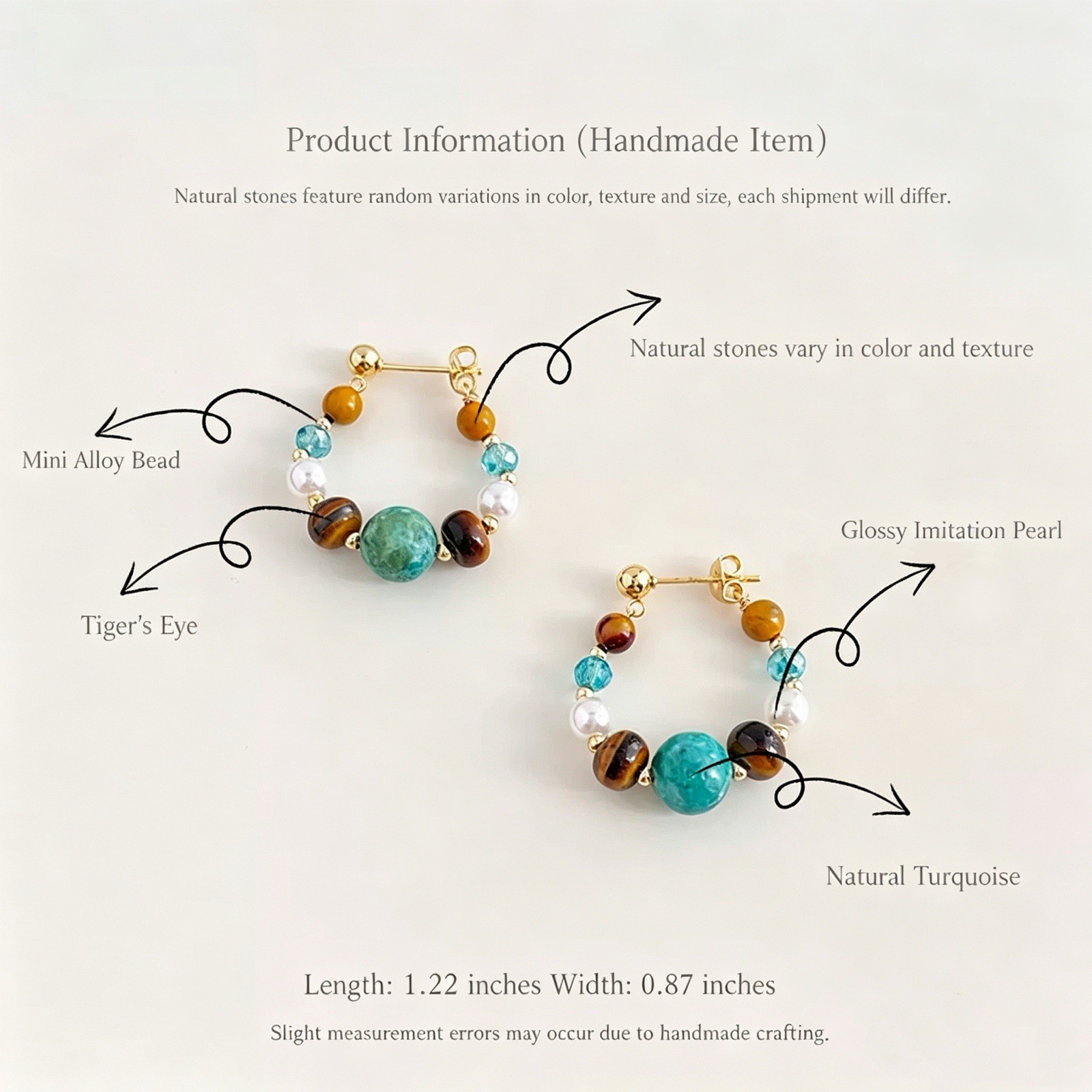 Handmade Natural Turquoise Tiger Eye Hoop Earrings, 925 Silver Post