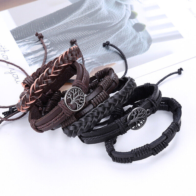 6Pcs Set Braided Leather Rope Bracelet Set Wristband Bangle Tribal Men Women