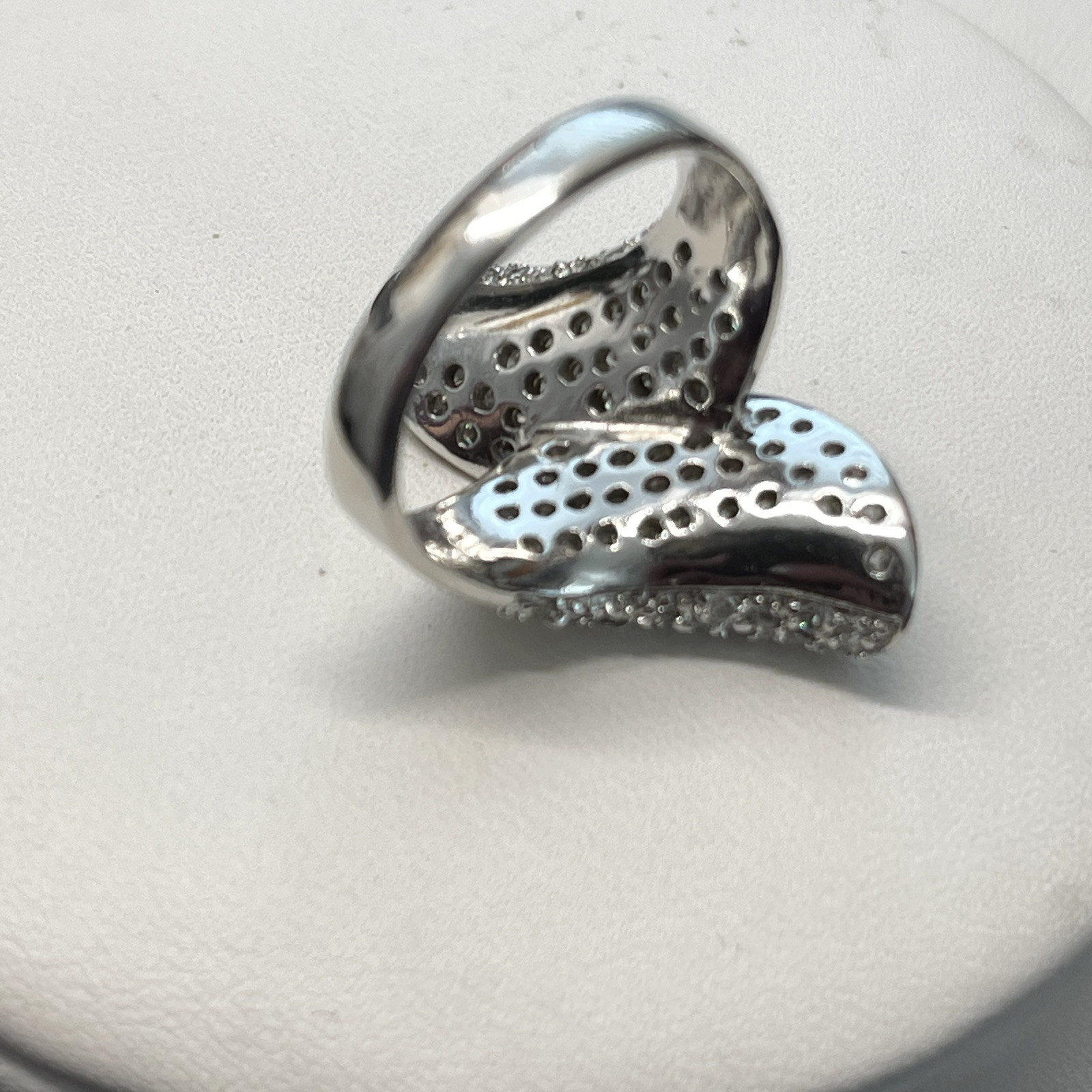Pave Set CZ Clear Stone Open Back Abstract Statement Rhodium Plated Ring Sz 8