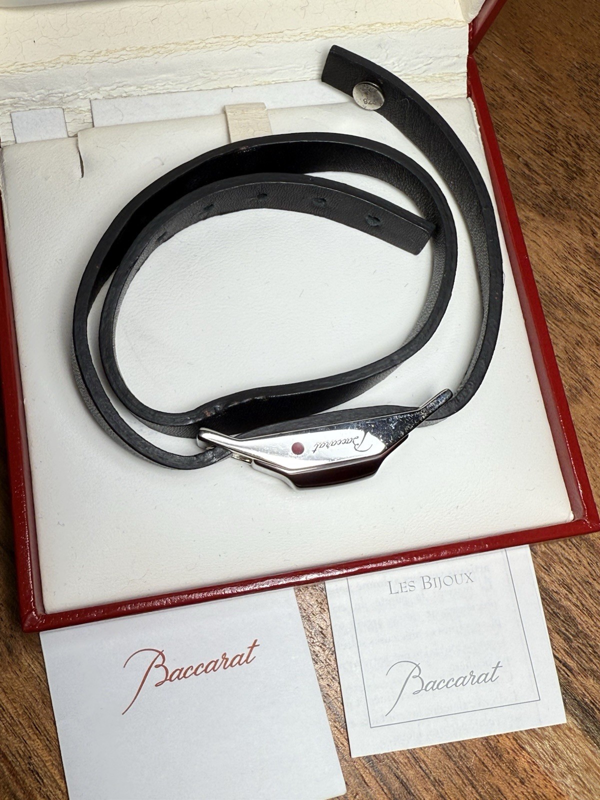 BACCARAT RED CRYSTAL LEATHER CABLE DOUBLE WRAP BRACELET AND S.S .925 / 6.5-7.5”