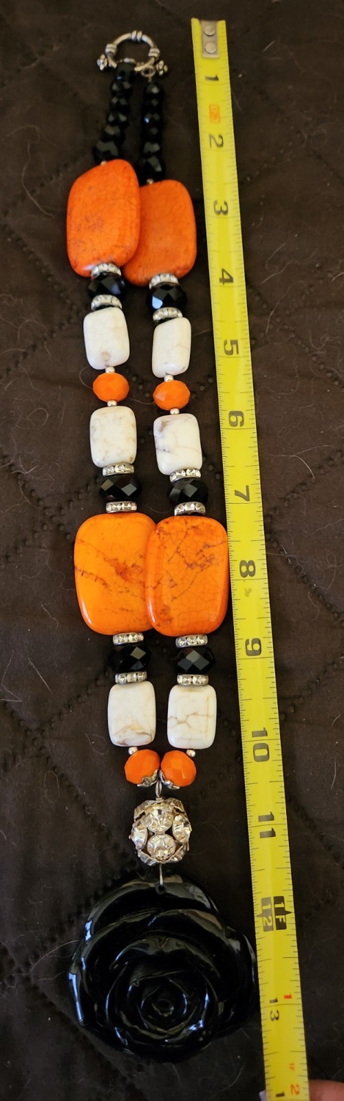 Women’s Orange White & Black Bead Necklace With Black Rose Pendant & Earrings