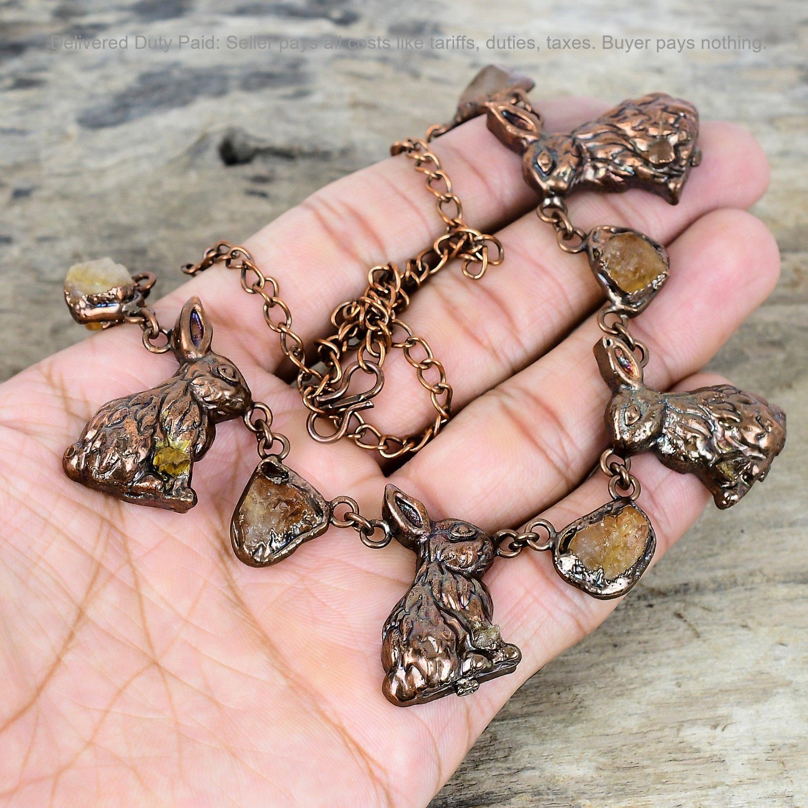 Citrine Rough Gemstone Chain Electroformed And Rabbit Necklace Jewelry Copper