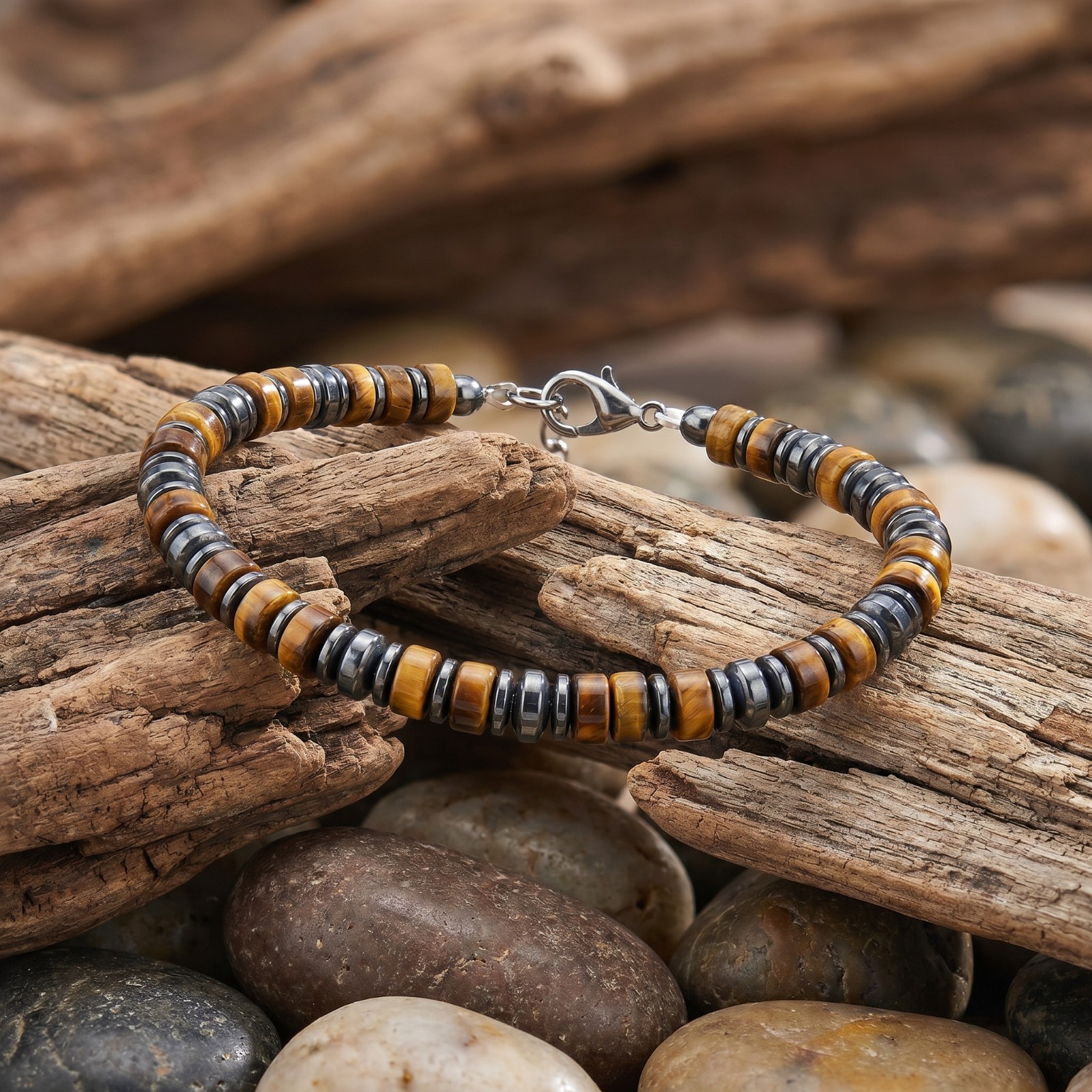 Tiger Eye & Hematite Bracelet Adjustable Stainless Clap Confidence Grounding