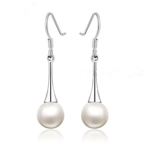 Pretty Silver Plated White 8mm Pearl Bead Hook Elongated Dangle Drop Earrings