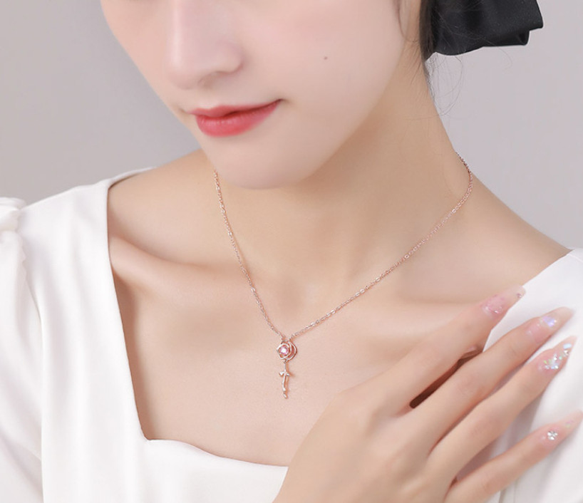 Rose Gold Titanium Flower Rose Pave Pink CZ Pendant Chain Necklace