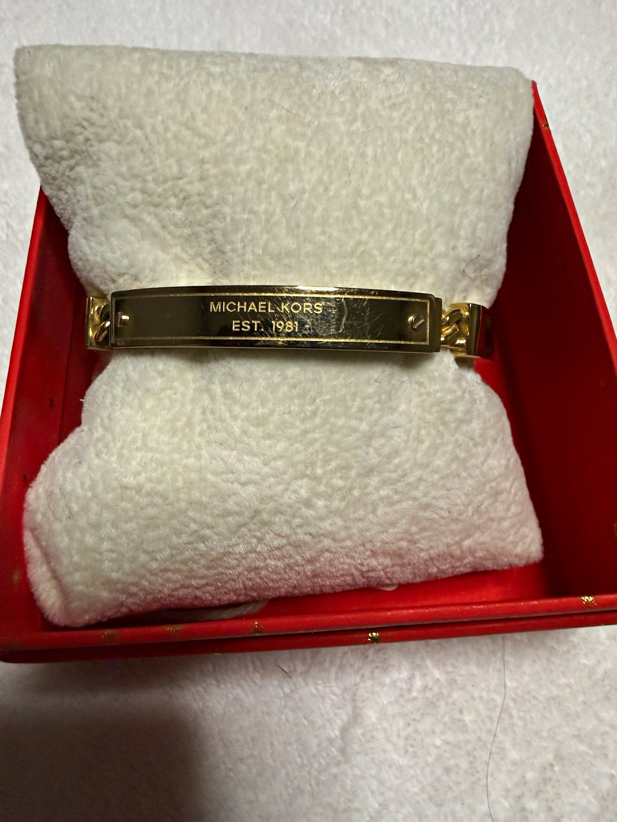 Michael Kors Gold Tone Stainless Steel Hinged Bangle Bracelet, Signed