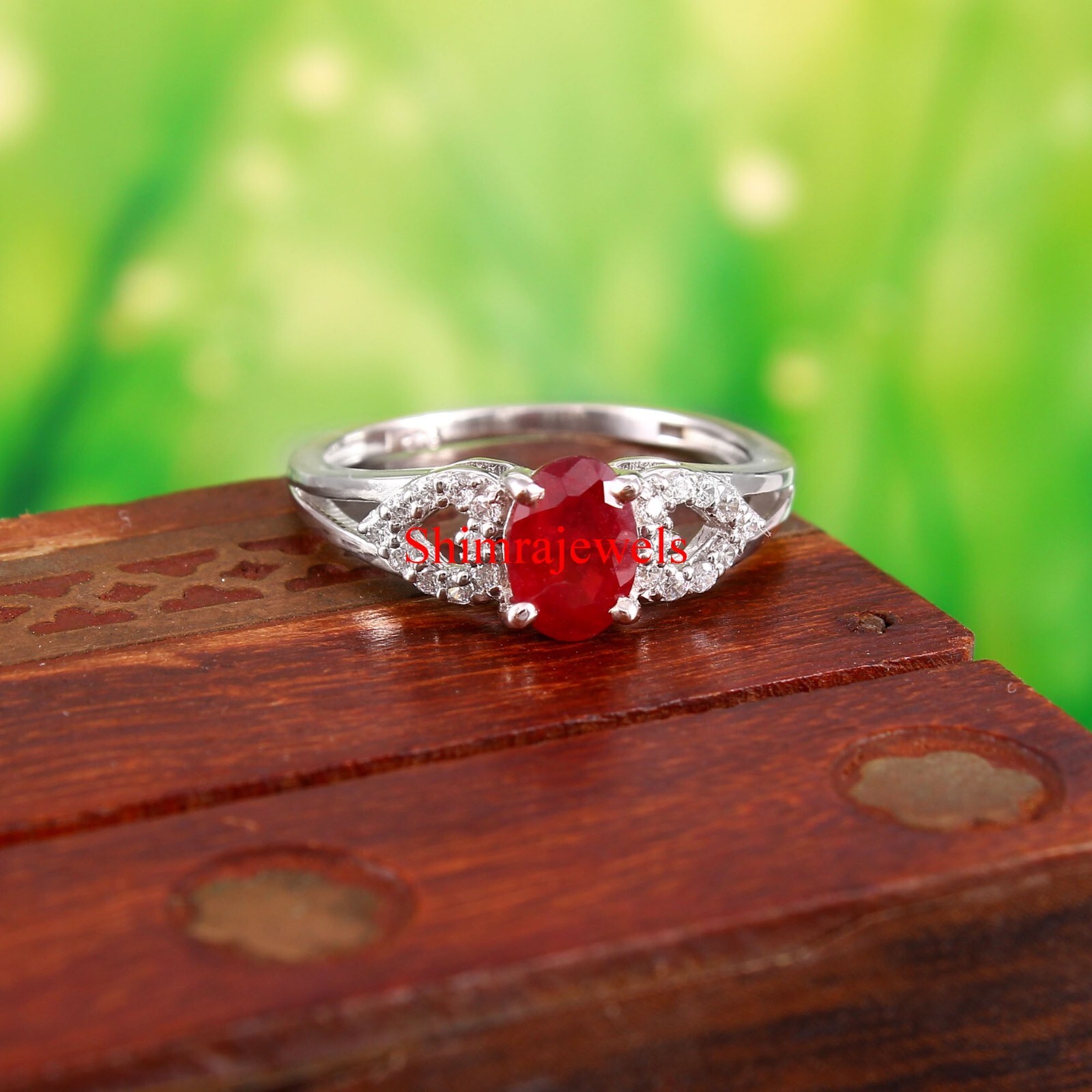 Heated Ruby Gemstone With 18k White Gold Plated Silver Women’s Ring #626