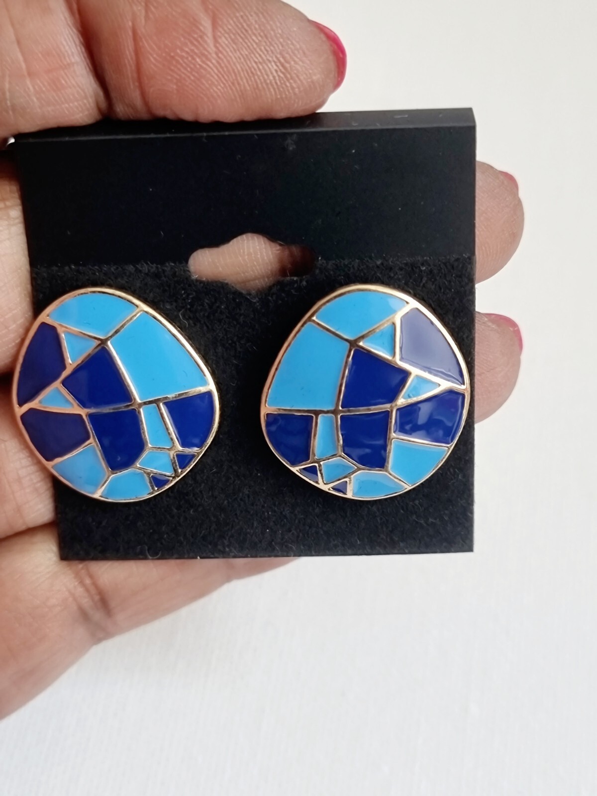 Earrings Enamel Round 2.3cm Art Deco Blue Gold Push Backs Arty Retro Party Gift