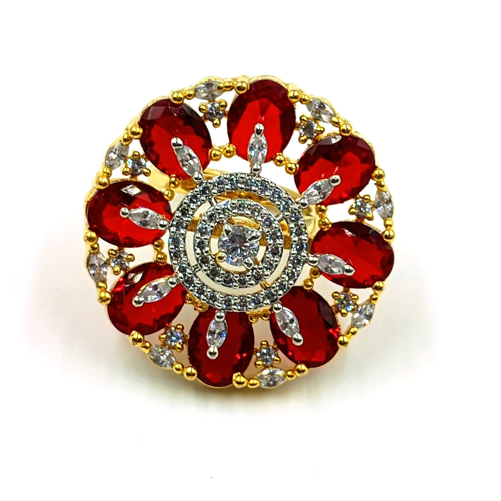 Ethnic Garnet CZ Ring, Handmade 22k Gold Plated South Indian Wedding Statement