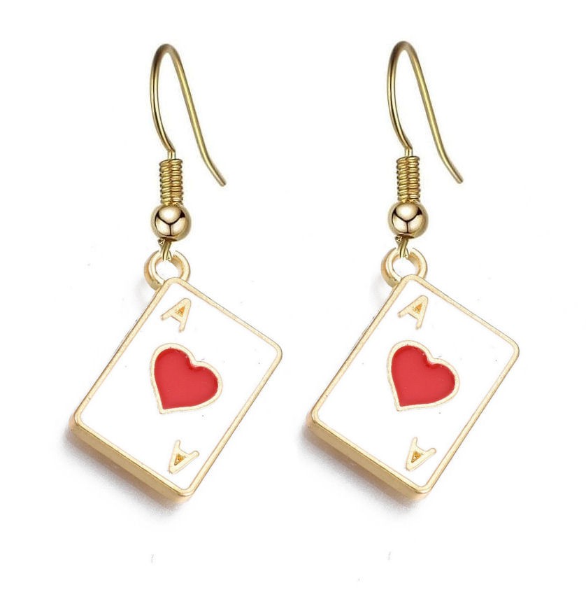Ace of Hearts Playing Card Earrings 💖Gold White & Red, Small Quirky Dangle