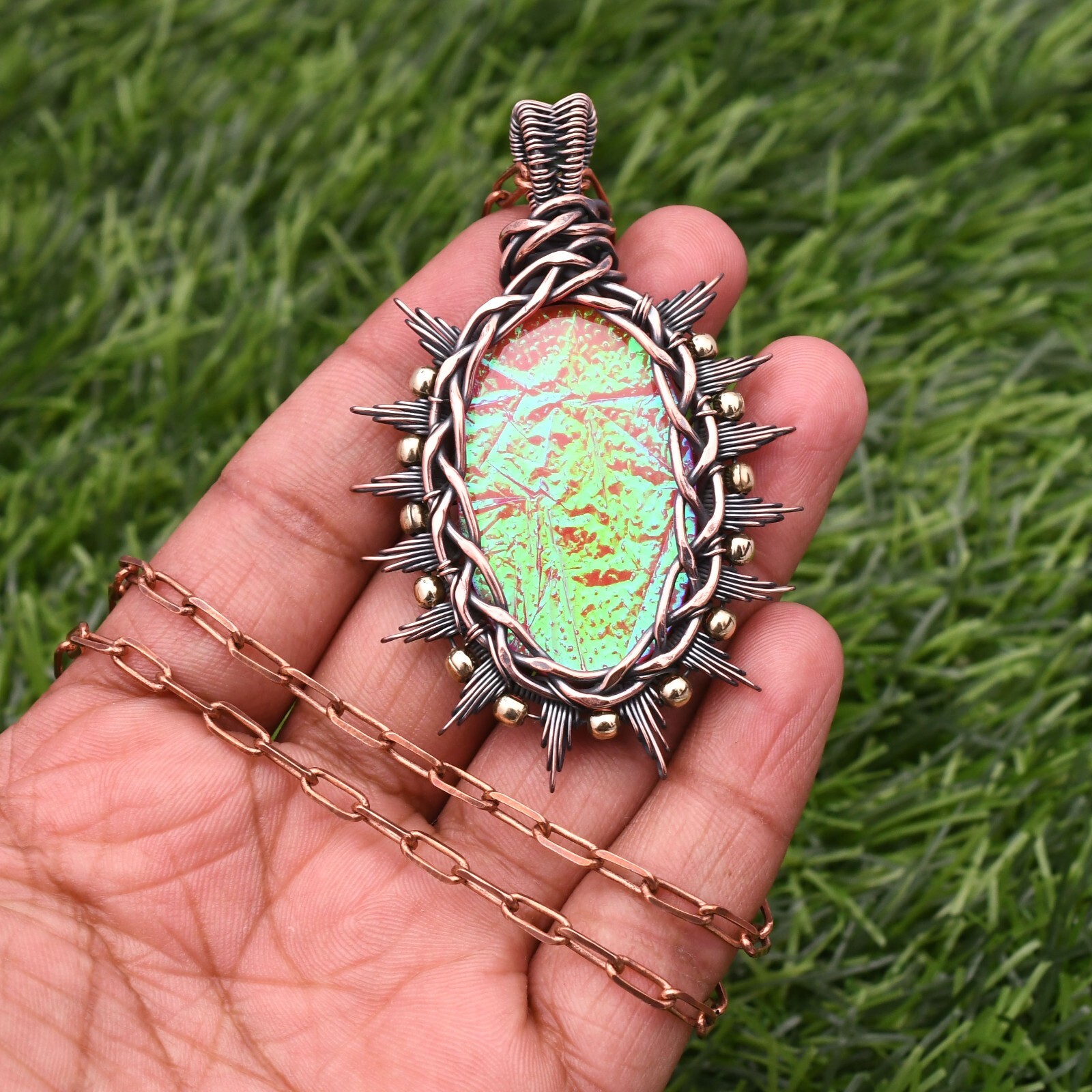 Triplet Fire Opal Gemstone Copper Wire Wrap Handmade Jewelry Pendant 2.28″