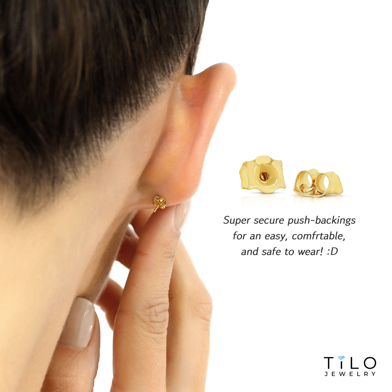 10K Real Solid Gold Princess-Cut Solitaire Stud Earrings Pushback 3mm-8mm