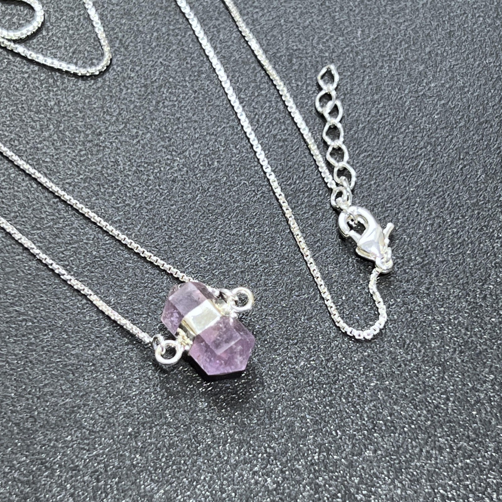 Amethyst Crystal Petite Double Terminated Point Pendant Necklace (16 Inch Chain)