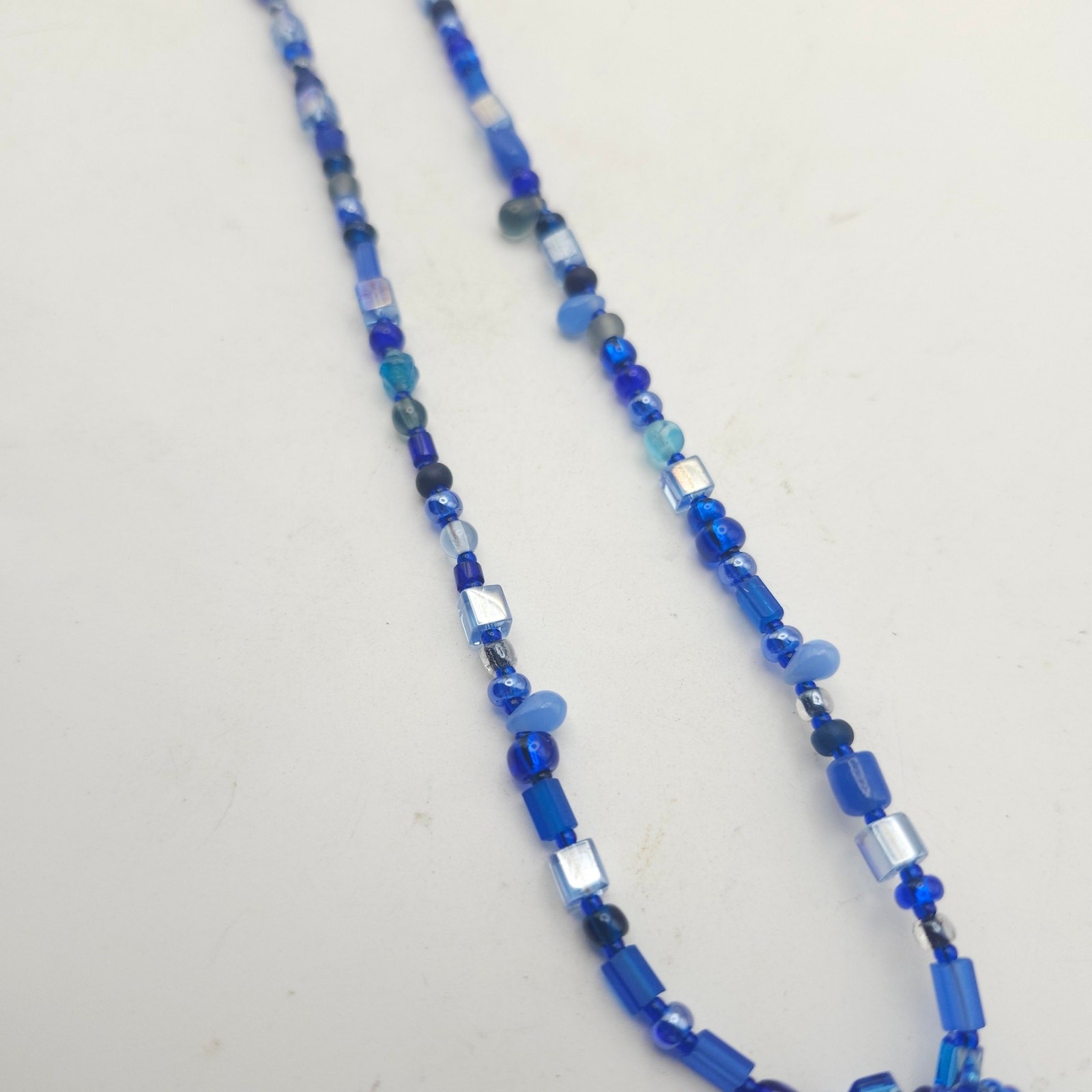 Blue Beaded Necklace Iridescent Fringe Pendant Boho Statement Wearable Art Piece