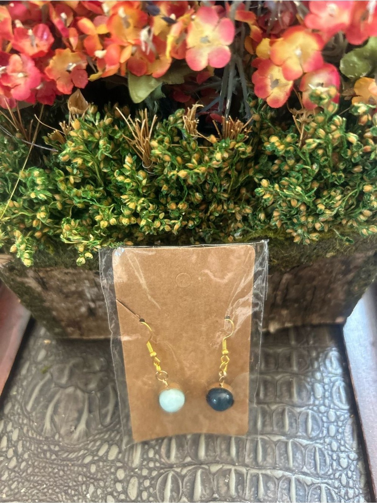 Gold-Finish Drop Earrings with Light Aqua and Deep Navy Stones