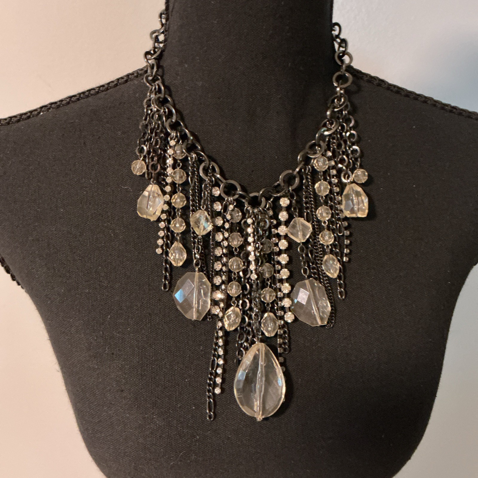 Black And Clear Bib Necklace Metal Plastic Bead Rhinestone 16.5 In